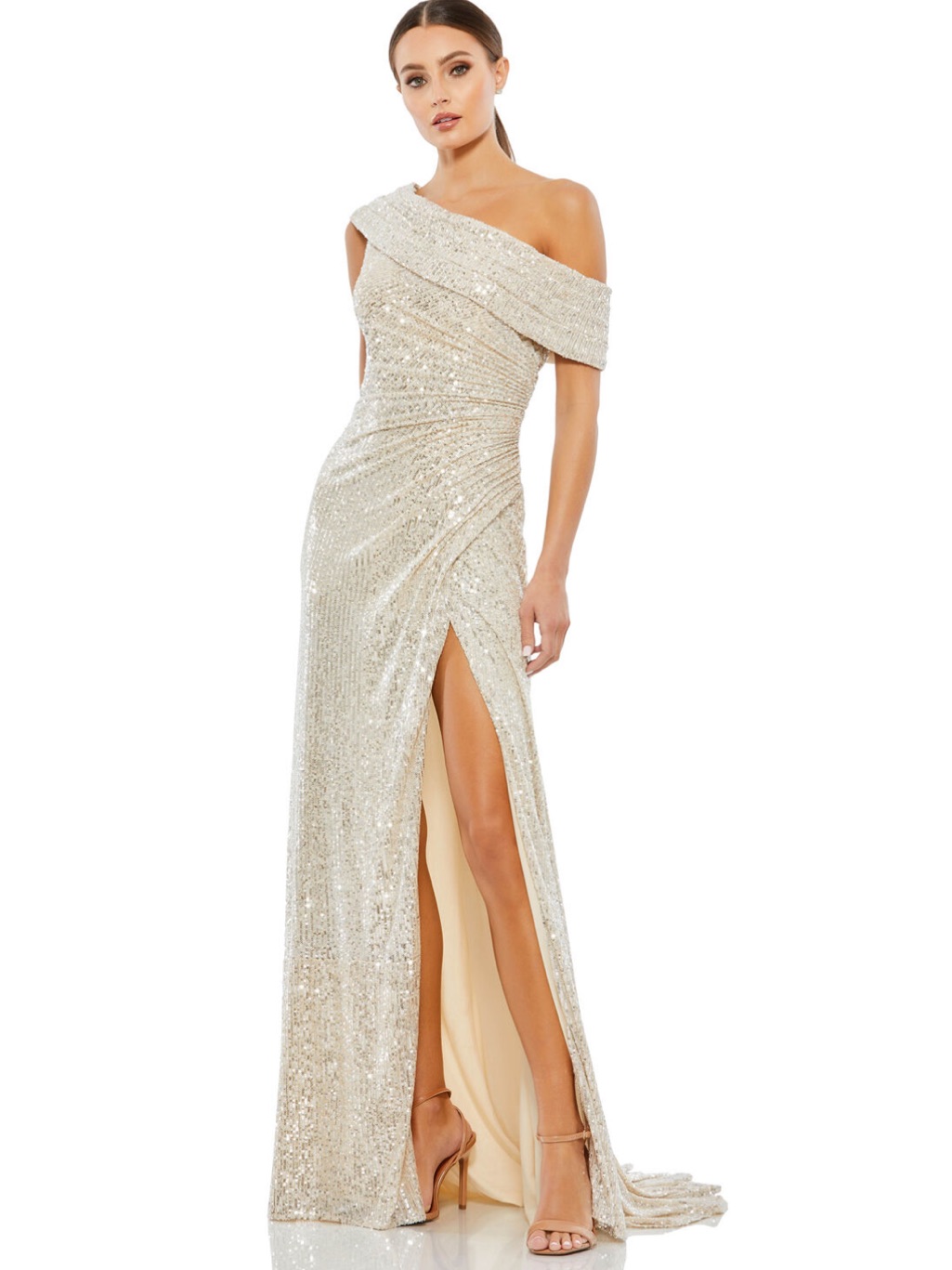 Ieena Mac Duggal 26550 Asymmetrical Neck Sequin Dress Evening Gown Champagne 6